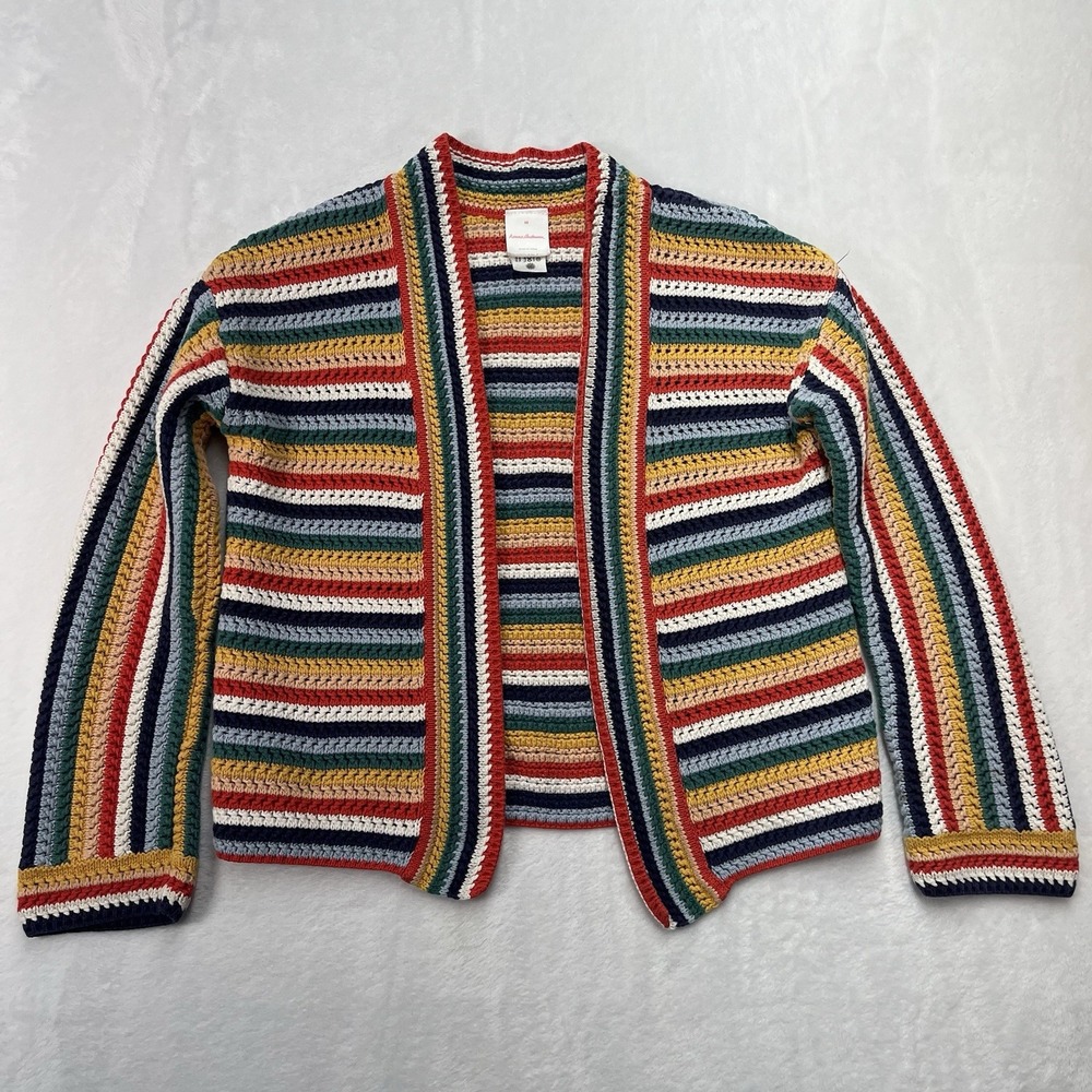 Hanna Andersson Crochet Knit Open Front Cardigan Girls Medium Rainbow Cotton